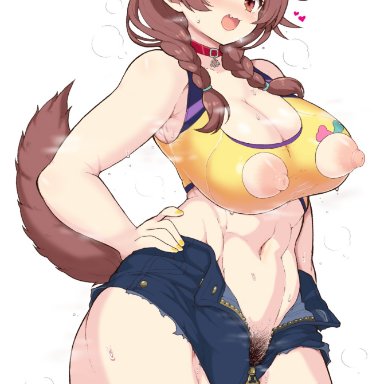 hololive, inugami korone, matarou (matarou072), :d, abs, animal ears, areolae, bangs, bare shoulders, big breasts, big thighs, bottom heavy, bra, braid, breasts