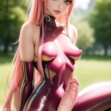 darling in the franxx, zero two (darling in the franxx), nai diffusion, stable diffusion, big penis, blurry background, bodysuit, catsuit, erect nipples, erect penis, erection, eye contact, eyeshadow, female, futa only