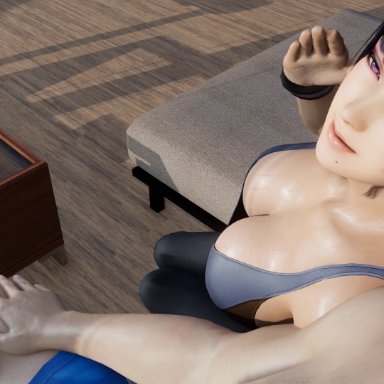 dead or alive, nyotengu, lazyprocrastinator, 1boy, 1girls, black hair, breast press, breasts, fanning self, female, gym, indoors, large breasts, light-skinned female, light skin