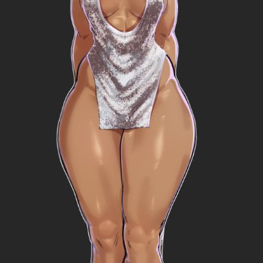 rwby, harriet bree, aestheticc-meme, 1girls, abs, dark-skinned female, dress, embarrassed, female only, muscular, muscular female, silver dress, source request