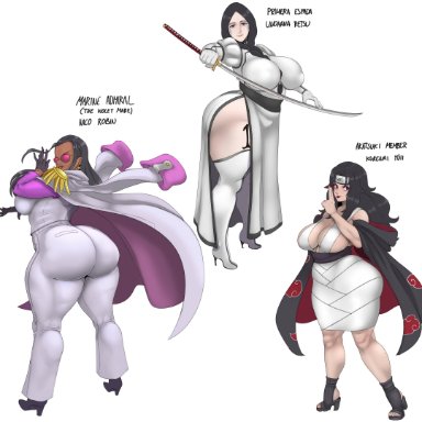 bleach, naruto, naruto (series), naruto shippuden, one piece, shounen jump, arrancar, kurenai yuhi, nico robin, unohana retsu, sunnysundown, 3girls, akatsuki (naruto), alternate costume, ass