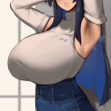 hololive, hololive english, ouro kronii, roresu, 1girls, alternate breast size, armpits, arms up, blue eyes, blue hair, blue pants, blush, breasts, colored inner hair, denim