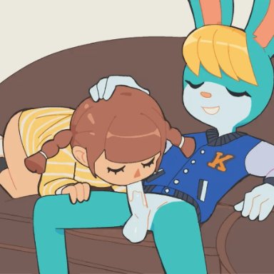 animal crossing, nintendo, mayors girlfriend (asmallfridge), sasha (animal crossing), fridge (artist), pinkanimations, 1boy, 1girls, blonde hair, blonde male, blowjob, blue body, blue jacket, brown hair, bunny boy