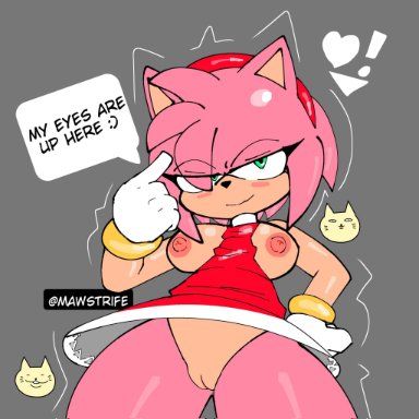 sonic (series), amy rose, mawstrife, anthro, blush, bottomless, breasts, looking at viewer, narrowed eyes, pussy, solo, talking to viewer, english text