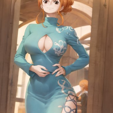 one piece, nami, amiral ai, 1girls, breasts, cleavage, cleavage cutout, cleavage window, dress, female, large breasts, light-skinned female, light skin, long hair, naughty face