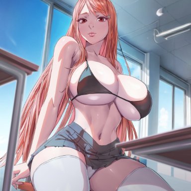 bleach, inoue orihime, arttoru, 1girls, bikini top, breasts, classroom, cleavage, female, indoors, large breasts, light-skinned female, light skin, long hair, orange hair