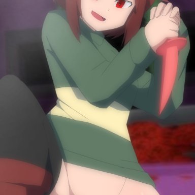 undertale, chara, zukafu shimoto, below view, boots, bottomless, dominant female, exhibitionism, exhibitionist, exposed, exposed ass, exposed pussy, looking down, looking up, no panties