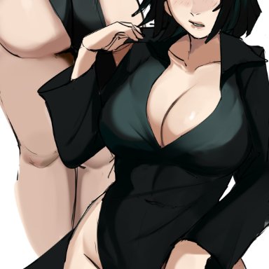 one-punch man, fubuki (one-punch man), puzzled artist, 1girls, ass, back view, bangs, big ass, big breasts, big butt, breasts, busty, cleavage, clothed, clothing