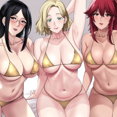 tomo-chan wa onna no ko, aizawa akemi, ferris olston, xter, xtermination, 3girls, arm support, arm up, armpit, armpits, arms up, belly, big breasts, bikini, bikini bottom