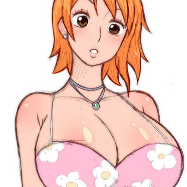 one piece, nami, simmsy, big breasts, cleavage, short hair