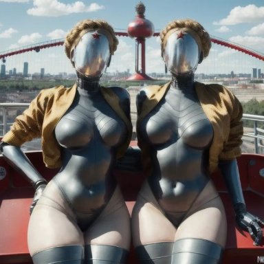 atomic heart, the twins (atomic heart), 2girls, big breasts, cameltoe, faceless character, faceless female, hand on ass, jacket, robot, robot girl, robot humanoid, twins, wide hips, yellow hair