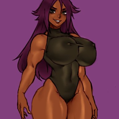 bleach, shihouin yoruichi, jay-marvel, 1girls, arms at sides, bare arms, bare legs, belly, belly button, biceps, big breasts, black leotard, breasts, brown eyes, busty