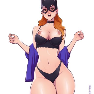 batman (series), dc, barbara gordon, batgirl, toksie, black bra, black panties, bra, choker, green eyes, orange hair, thick thighs, tits out, undressing