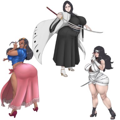 bleach, naruto, naruto (series), naruto shippuden, one piece, shounen jump, kurenai yuhi, nico robin, unohana retsu, sunnysundown, 3girls, ass, back, black hair, blue eyes