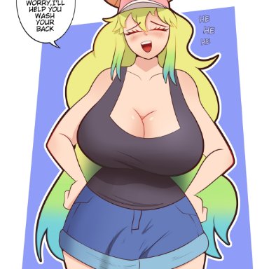 miss kobayashi's dragon maid, quetzalcoatl (dragon maid), dakota018, 1futa, big ass, big breasts, big penis, blonde hair, blue hair, blush, breasts, cleavage, closed eyes, clothed, clothing