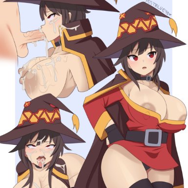 megumin, postblue98, 1boy, 1girls, areola, areola slip, areolae, balls, big breasts, blowjob, breasts, cleavage, clothed, clothing, cum