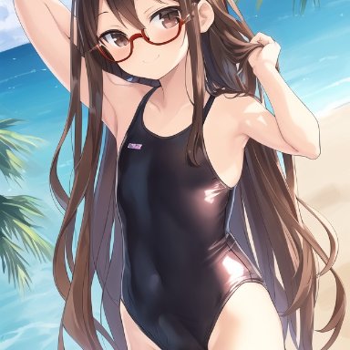 armure, nai diffusion, stable diffusion, 1boy, 1femboy, beach, blush, brown hair, bulge, crossdressing, erection, erection under clothes, femboy, feminine male, glasses