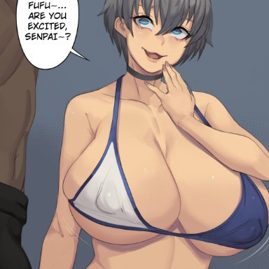 uzaki-chan wa asobitai!, uzaki hana, metal owl, 1boy, 1girls, bikini, blue eyes, breasts, bulge, dark-skinned male, dark skin, female, grey hair, huge breasts, interracial