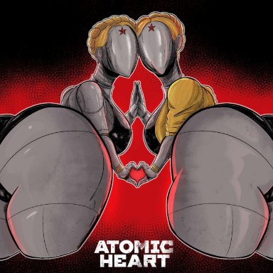 atomic heart, left (atomic heart), right (atomic heart), the twins (atomic heart), ameizing lewds, 2girls, ass, bent over, big ass, blonde hair, bra, bubble butt, fat ass, female, female only