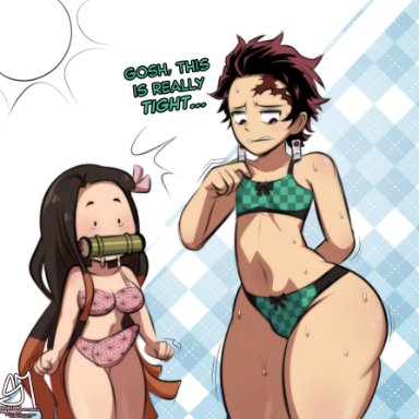 demon slayer, kimetsu no yaiba, kamado nezuko, kamado tanjirou, semidraws, 1boy, 1futa, bare shoulders, big breasts, bikini, blush, bottom heavy, breasts, bulge, cleavage