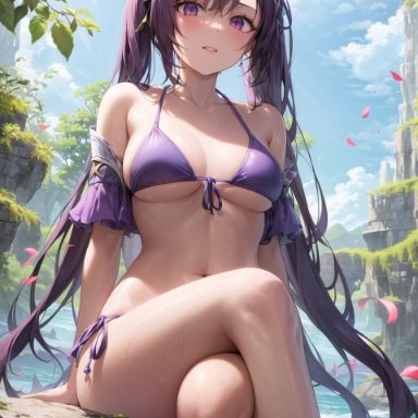 genshin impact, mihoyo, keqing (genshin impact), 1girls, bikini, curvaceous, curvy, curvy body, curvy female, curvy figure, long hair, looking at viewer, seductive look, violet eyes, violet hair