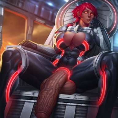 c0rros1on, 1futa, balls, big penis, bodysuit, breasts, clothed, clothing, dark-skinned futanari, dark skin, flaccid, futa only, futanari, glowing, glowing eyes