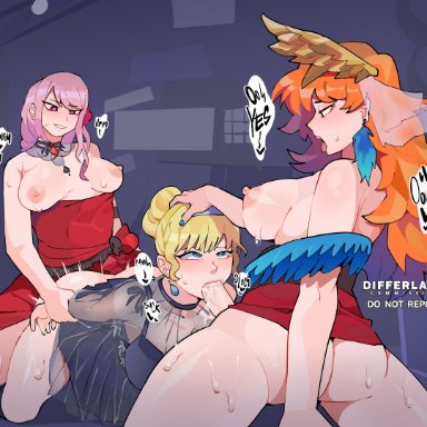 hololive, mori calliope, takanashi kiara, watson amelia, diforland, 1girls, 2futas, all fours, areolae, balls, blonde hair, breasts, breasts apart, clothed, clothing