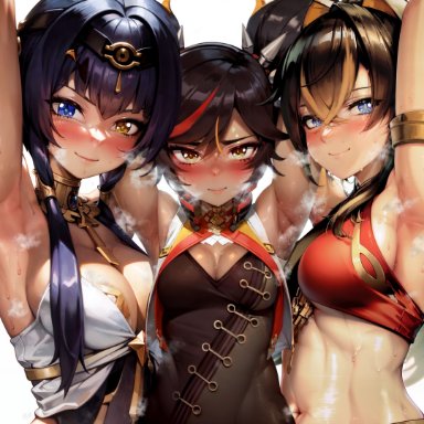 genshin impact, candace (genshin impact), dehya (genshin impact), xinyan (genshin impact), stable diffusion, xinyandegen, 3girls, armlet, armpit focus, armpits, arms behind head, arms up, bangs, bare shoulders, black hair