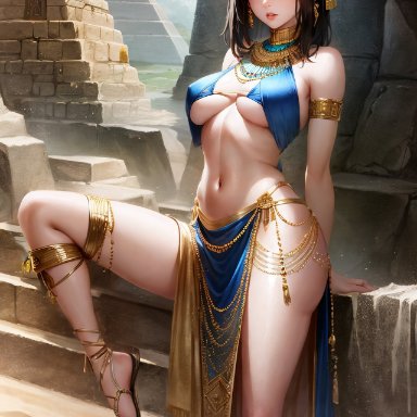 belly dancer, egyptian, egyptian female, exotic, harem outfit, jewelry, looking at viewer, pyramid, shoes, short hair, sitting, ai generated