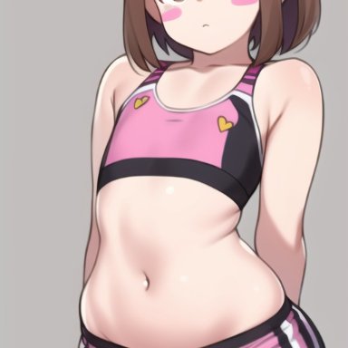 my hero academia, ochako uraraka, nai diffusion, stable diffusion, brown hair, bulge, femboy, flat chest, girly, sports bra, ai generated, rule 63