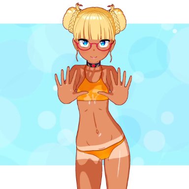 artist request, aerobics, ass, barefoot, bikini, blonde hair, blue eyes, blush, braid, collarbone, dancing, double bun, feet, female, female focus