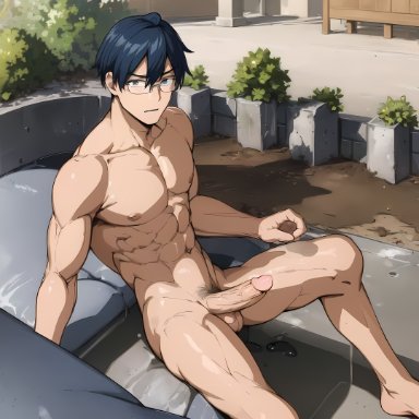 my hero academia, tenya iida, gojo senpai, stable diffusion, 1boy, abs, city, cock, completely nude, completely nude male, dark blue hair, dick, exhibitionism, gay, glasses