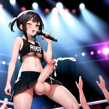 stable diffusion, 1futa, balls, below view, big balls, big penis, black hair, blue eyes, blush, bottomless, bottomless skirt, breasts, concert, crop top, crowd