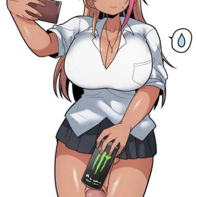 monster energy, monster energy drink, dakkoku jiro, 1futa, big breasts, big penis, blonde, blonde hair, bottomless, breasts, busty, clothed, clothing, comparing, comparing penis