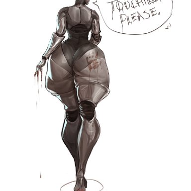 atomic heart, the twins (atomic heart), 1girls, big ass, big breasts, bubble butt, handprint, long legs, robot, robot girl, shelf, thick ass, thick thighs, walking away, wide hips