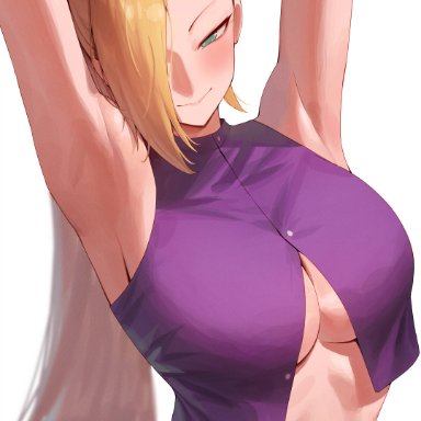 naruto, naruto (series), naruto shippuden, ino yamanaka, rororo, 1girls, armpits, arms up, blonde hair, blush, breasts, cleavage, crop top, female, fishnets