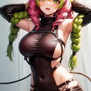 demon slayer, kimetsu no yaiba, kanroji mitsuri, armpits, arms behind head, braid, breasts, covered navel, female, green eyes, green hair, large breasts, lips, looking at viewer, mole