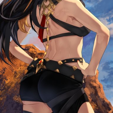 genshin impact, dehya (genshin impact), uenoryoma, ass, bangs, bare arms, bare shoulders, black hair, black thighhighs, blue eyes, brown hair, closed mouth, female, from behind, hands on hips