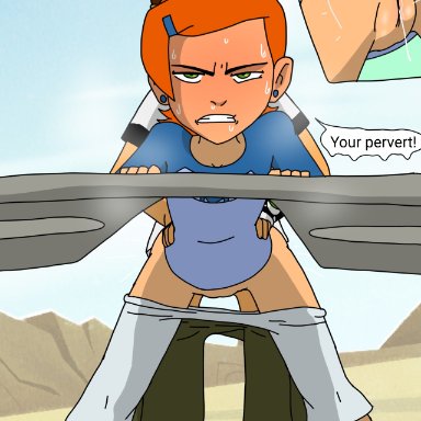 ben 10, ben tennyson, gwen tennyson, sunnie, anal, anal sex, angry, ass, bent over, clenched teeth, clothed, clothed sex, from behind, from behind position, front view