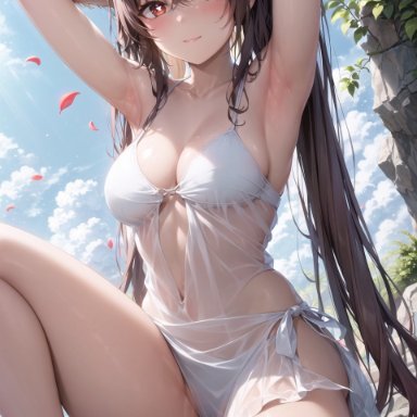 genshin impact, hu tao (genshin impact), stable diffusion, 1girls, alternate breast size, beach, bikini, blush, breasts, brown eyes, brown hair, female, hat, large hat, light-skinned female