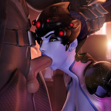blizzard entertainment, overwatch, overwatch 2, amelie lacroix, reaper, widowmaker, 61cent, areolae, balls, blowjob, blowjob face, breasts, breasts out, clothed, clothing