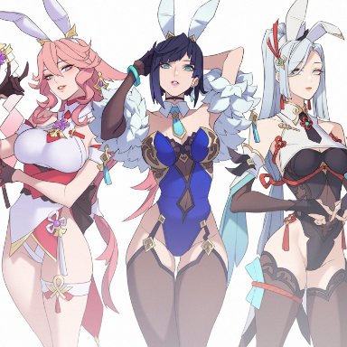 genshin impact, shenhe (genshin impact), yae miko, yelan (genshin impact), citemer, bunnysuit