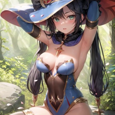 genshin impact, mona (genshin impact), stable diffusion, 1girls, alternate breast size, armpits, black hair, blush, breasts, female, green eyes, hat, highleg leotard, large breasts, large hat