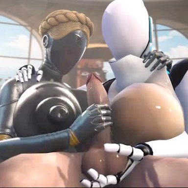 atomic heart, haydee (game), haydee, the twins (atomic heart), rayhuma, ball fondling, big ass, big belly, big breasts, faceless male, handjob, robot, robot girl, straight, 3d