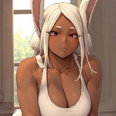 my hero academia, miruko, rumi usagiyama, amiral ai, 1girls, breasts, brown skin, cleavage, dark-skinned female, dark skin, female, indoors, large breasts, long hair, looking at viewer