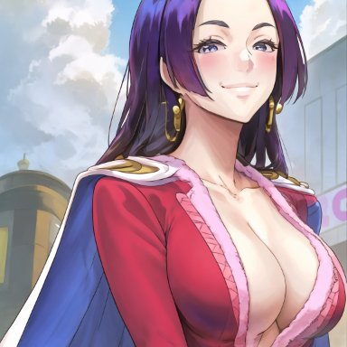one piece, boa hancock, amiral ai, 1girls, black hair, blue eyes, breasts, cleavage, clothed, female, huge breasts, light-skinned female, light skin, long hair, smile