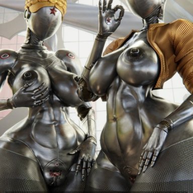 atomic heart, the twins (atomic heart), gretdb, ass, big breasts, big butt, breasts, duo, female, female/female, genitals, huge butt, humanoid, hyper, hyper butt