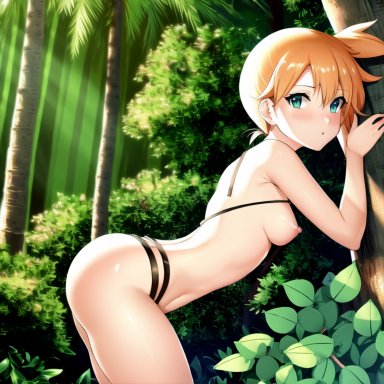 pokemon, kasumi (pokemon), nai diffusion, stable diffusion, 1girls, ass, bikini, breasts, green eyes, looking at viewer, orange hair, shiny, shiny skin, ai generated