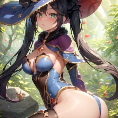 genshin impact, mona (genshin impact), stable diffusion, 1girls, alternate breast size, ass, black hair, blush, breasts, bubble butt, dat ass, female, green eyes, hat, highleg leotard