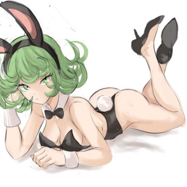 one-punch man, tatsumaki, rakeemspoon, 1girls, ass, barely clothed, big butt, bunny ears, bunnysuit, collar, female focus, female only, green eyes, green hair, heavenly ass